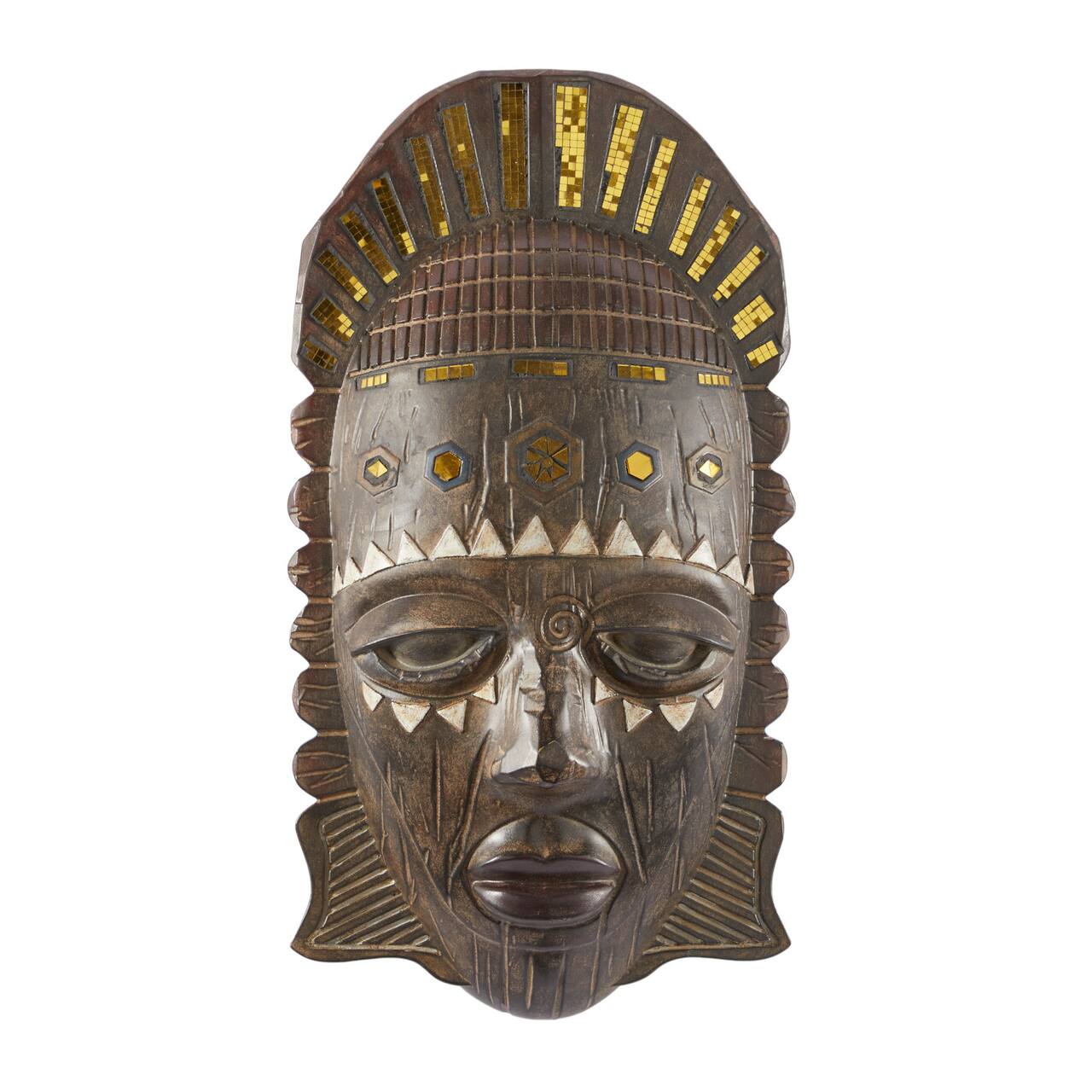 Brown Polystone Primitive African Mask Sculpture 11" x 20" x 6"